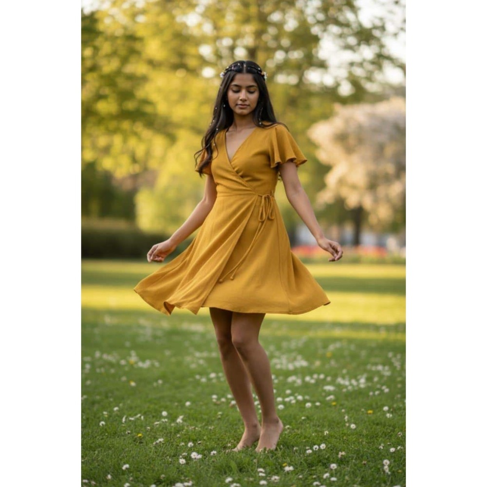 Lulus Mustard Yellow Faux Wrap Mini Sundress S Boho Crinkle Flutter Sleeve Vacay